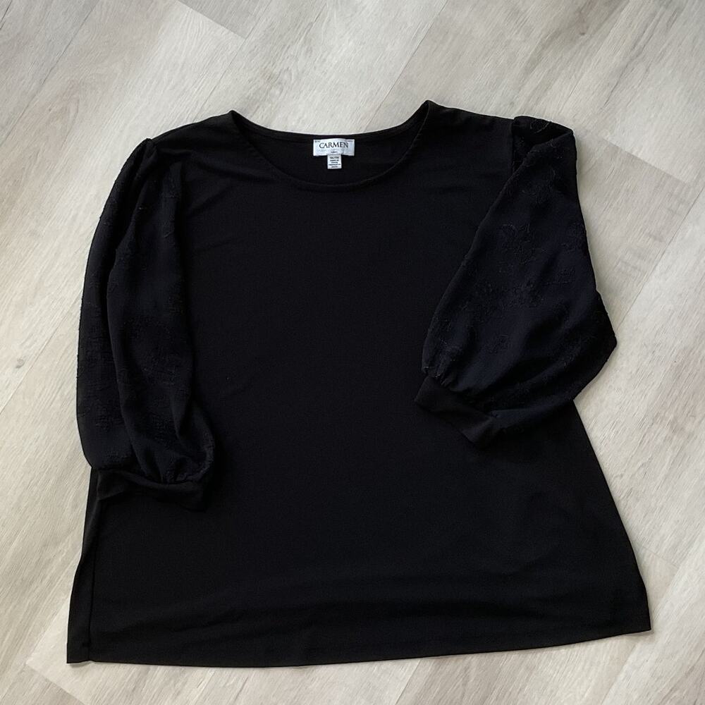 Carmen Marc Valvo Black Blouse Sheer Sleeves Womens 1X